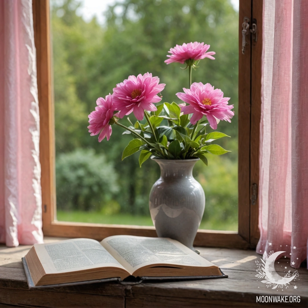 A wooden window sill with an old book and a gray vase holding pink flowers.