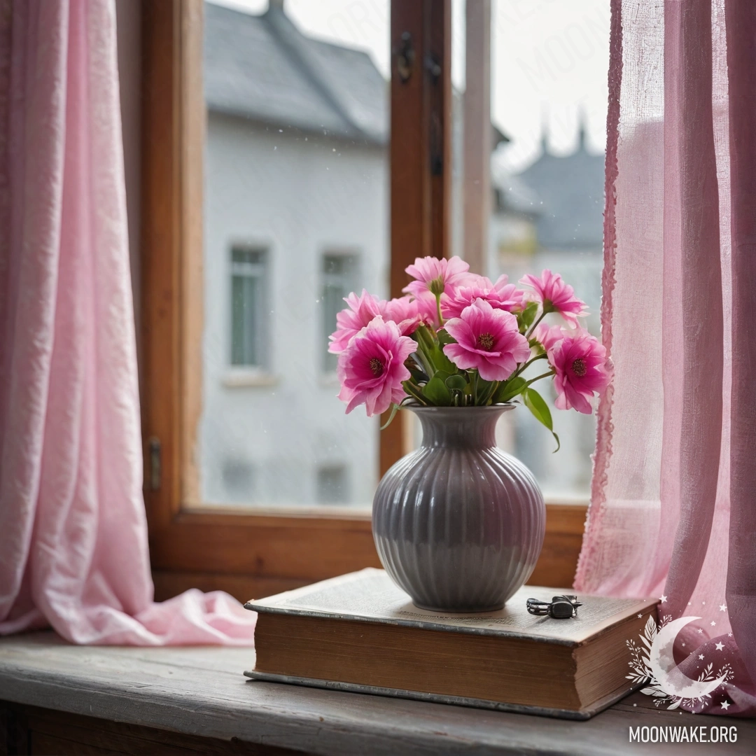 A weathered wooden windowsill adorned with an old book, a gray vase filled with pink flowers, and a soft pink curtain illuminated by garland lights.