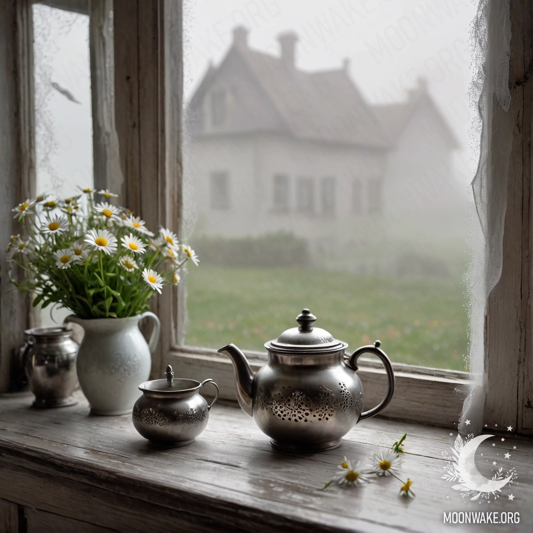 A shabby wooden window sill with a metal teapot decorated with patterns and filled with daisies, enveloped in dense mist and heavy fog.