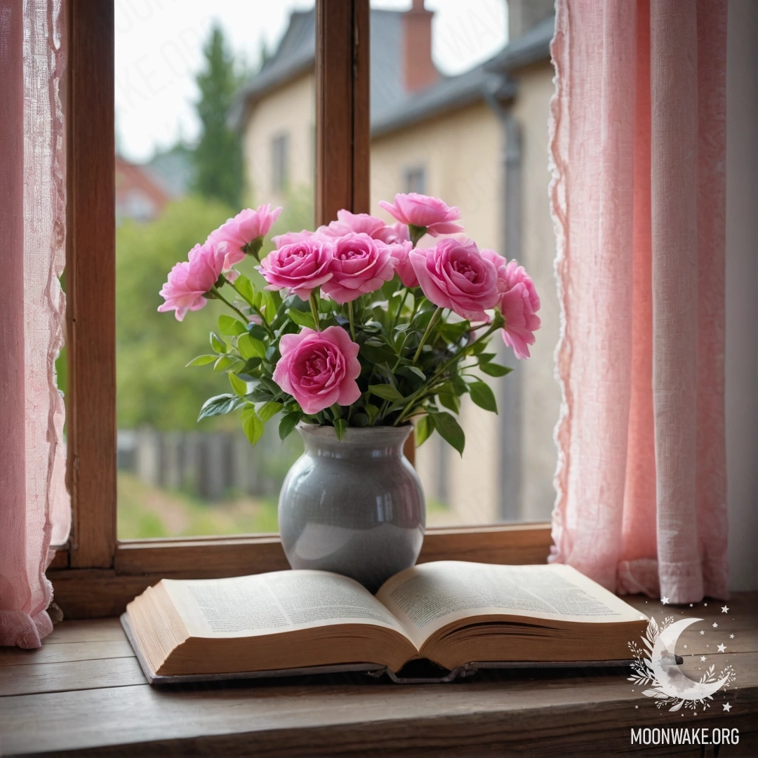 A wooden window sill with an old book, a gray vase of pink flowers, and a pink curtain illuminated by garland lights.