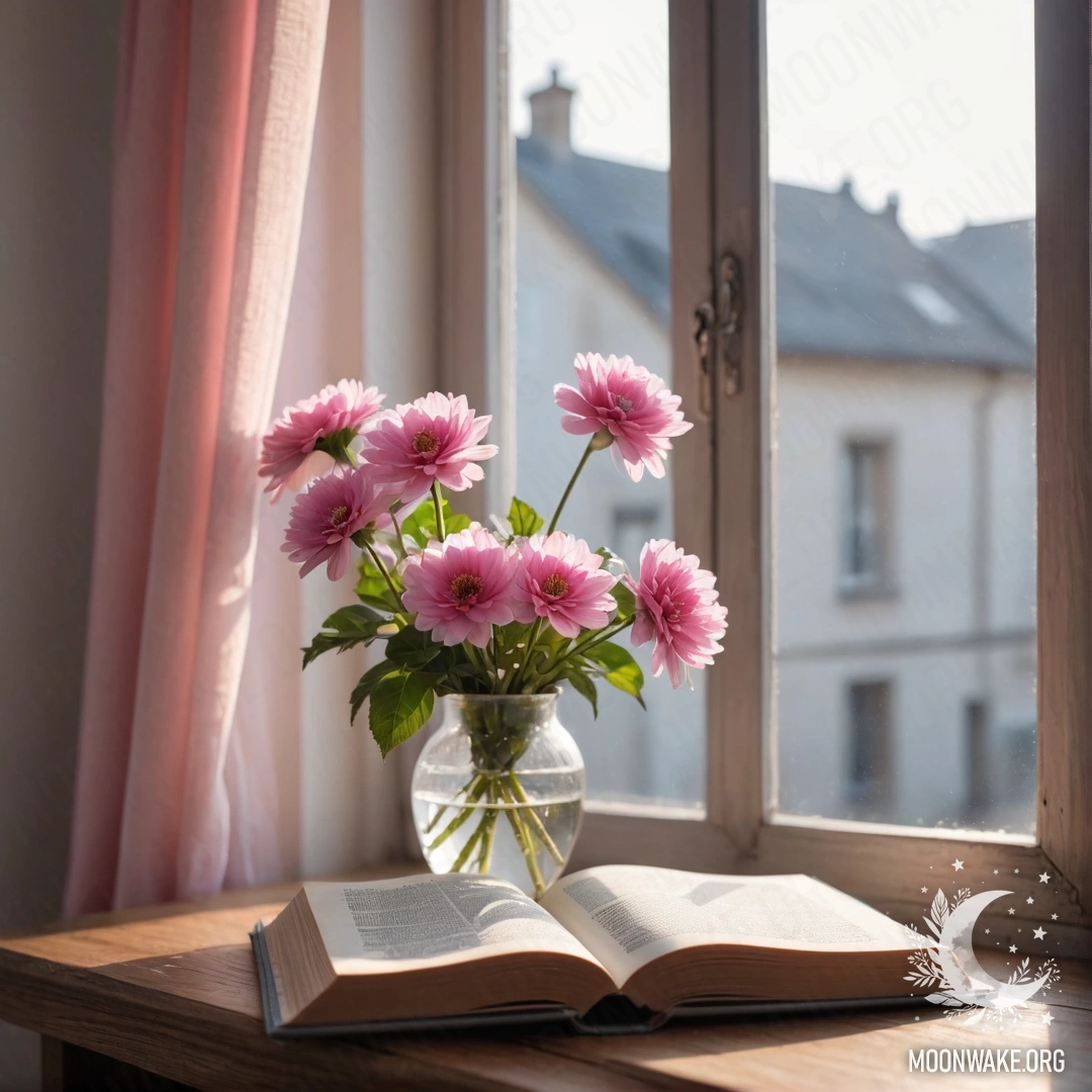 A wooden window sill featuring an old book, a gray vase with pink flowers, and a pink curtain.