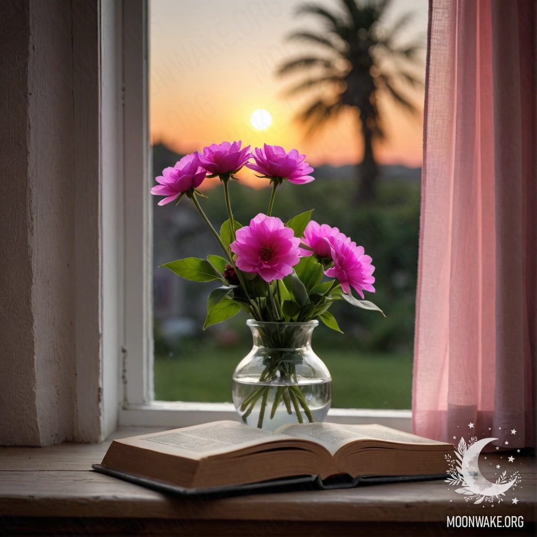 An old shabby book and a gray vase with pink flowers on a wooden window sill, with a pink curtain draping at sunset.