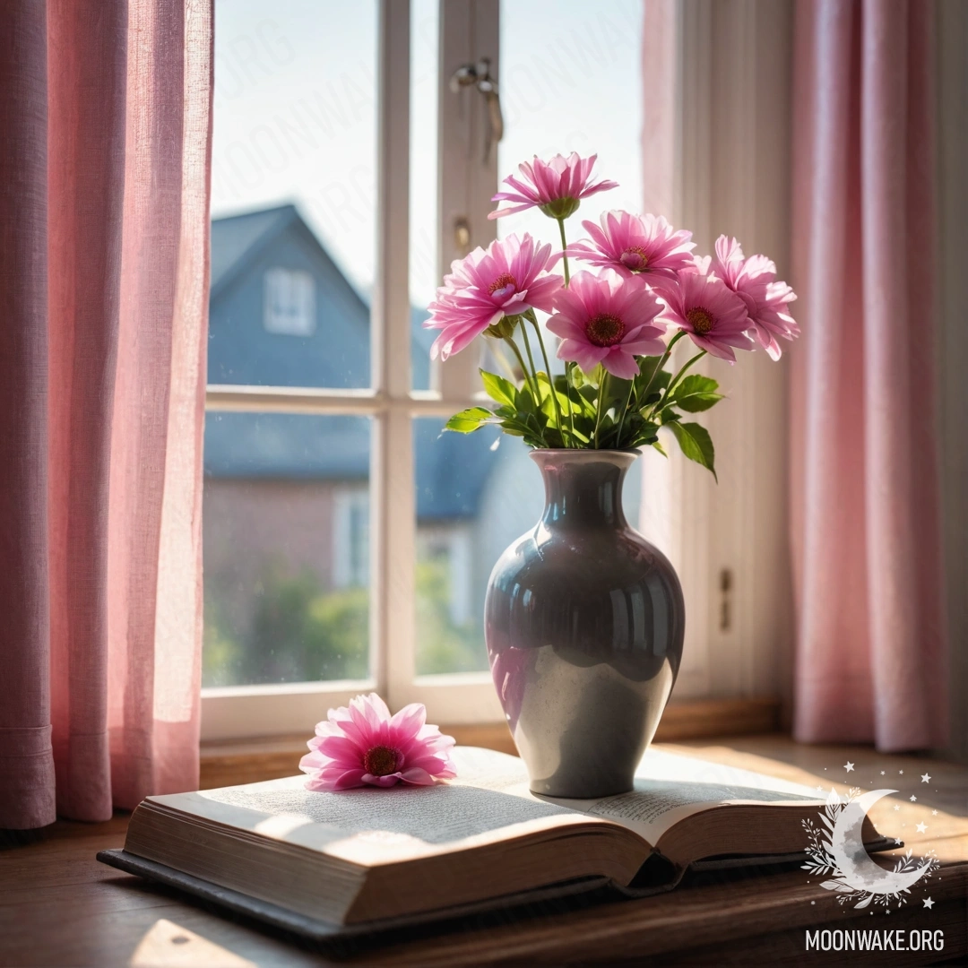 Charming Wooden Window Sill with Flowers A rustic wooden window sill adorned with an old book and a vase of pink flowers, illuminated by sunlight through pink curtains.