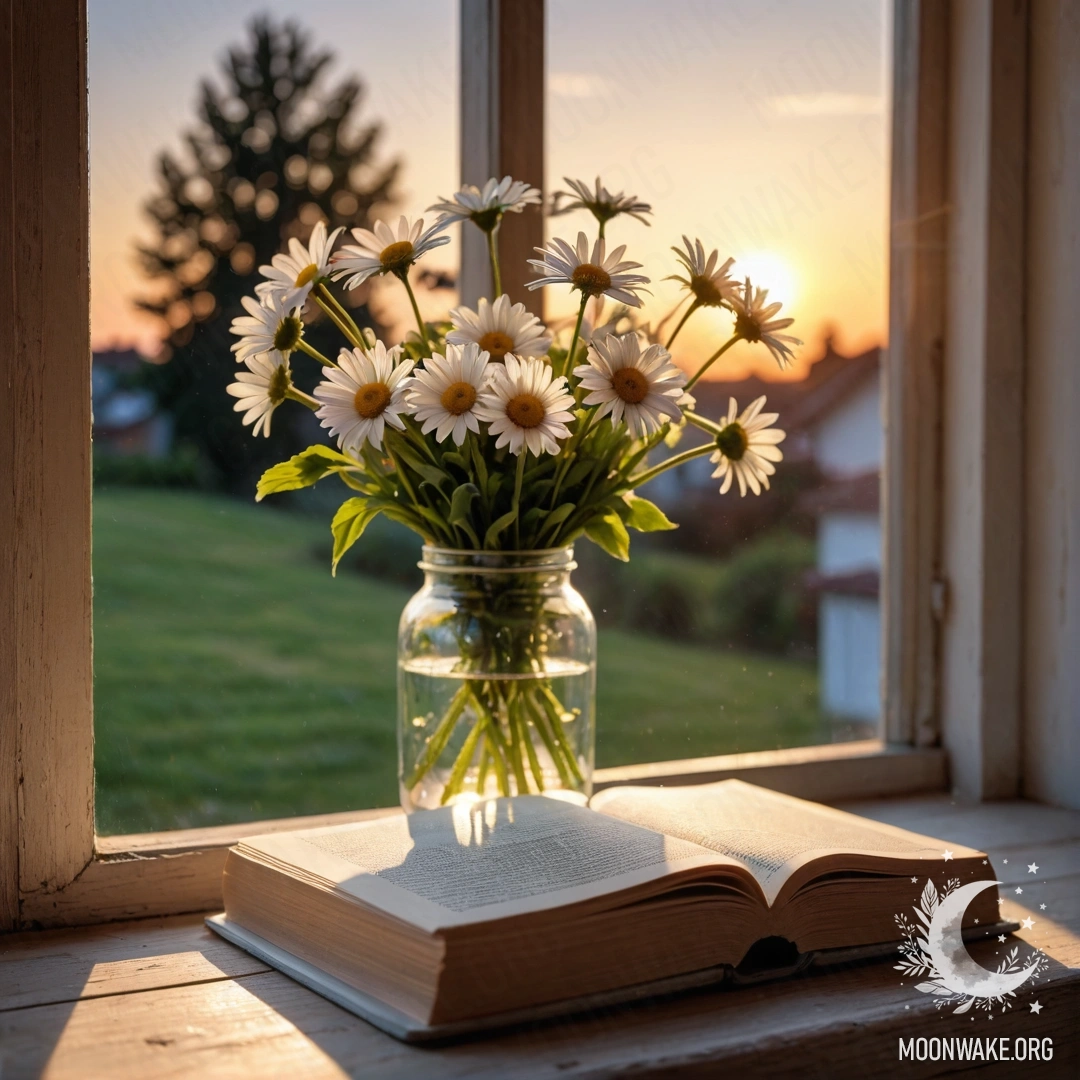 A shabby wooden windowsill with a jar of daisies and an open book on it, bathed in warm sunset light.