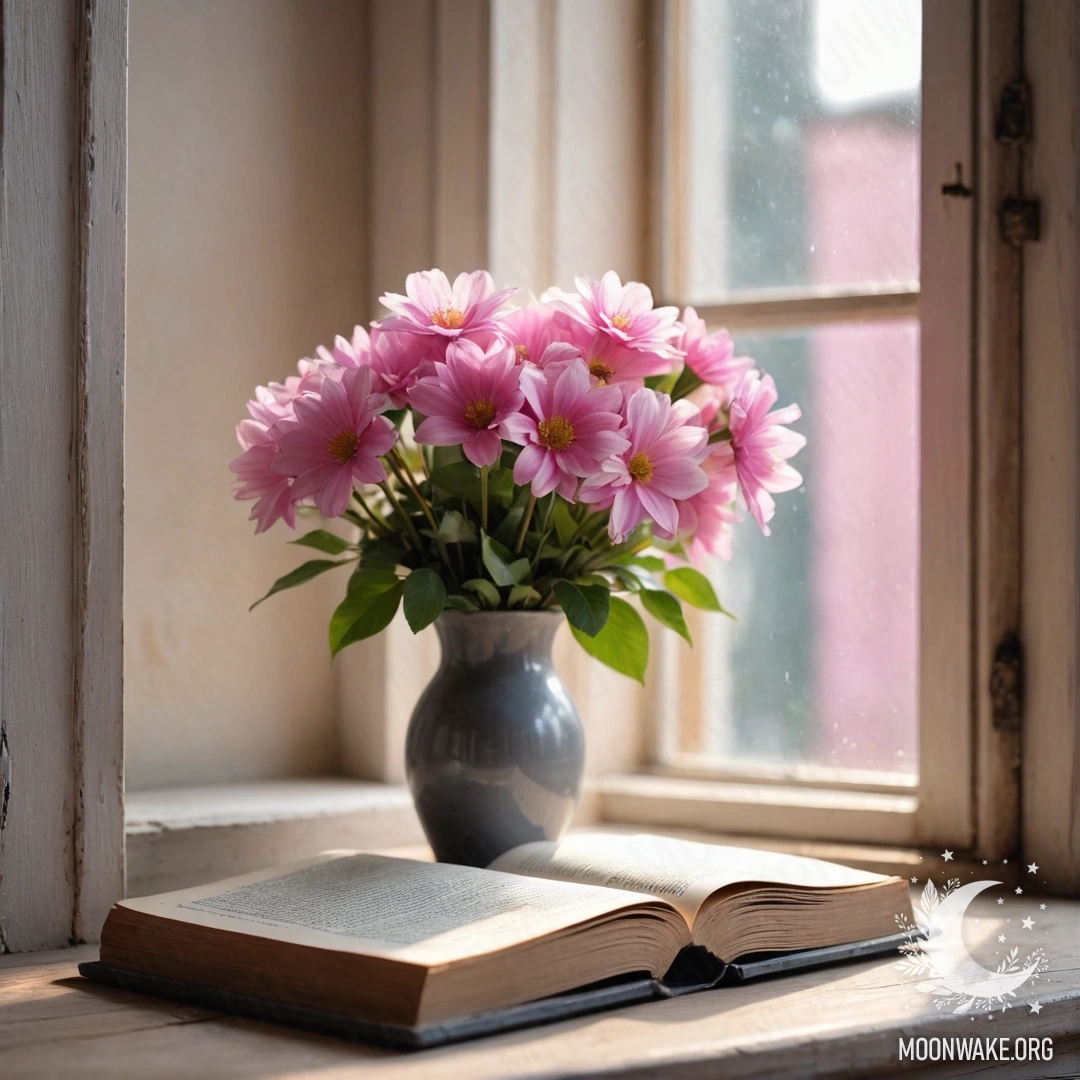 A wooden windowsill featuring an old book, a gray vase with pink flowers, and a pink curtain with sunlight streaming through.