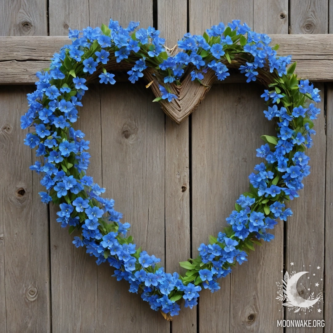 Close-up photograph of an old wooden fence with a heart-shaped wreath of blue flowers.