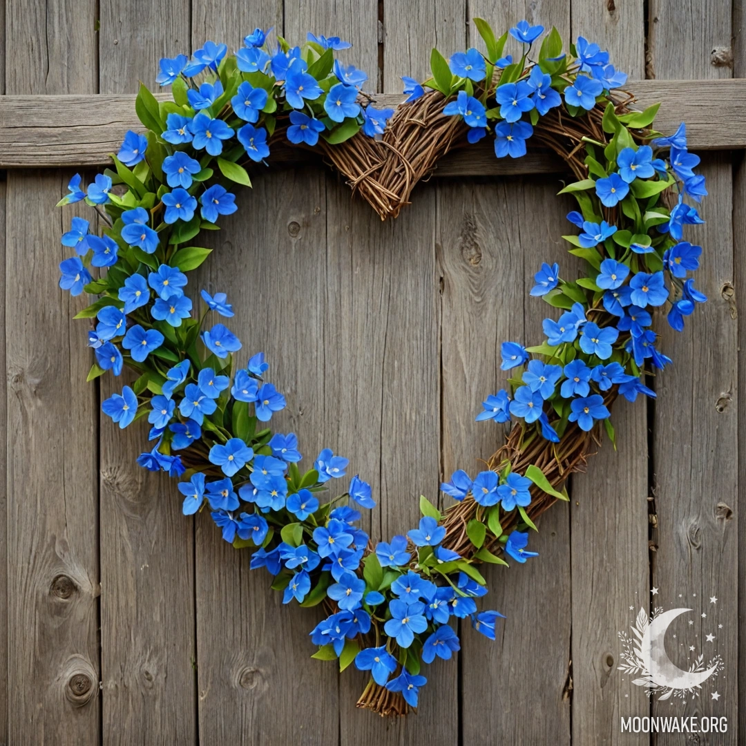 Close-up of an old wooden fence with a heart-shaped wreath of blue flowers hanging on it.