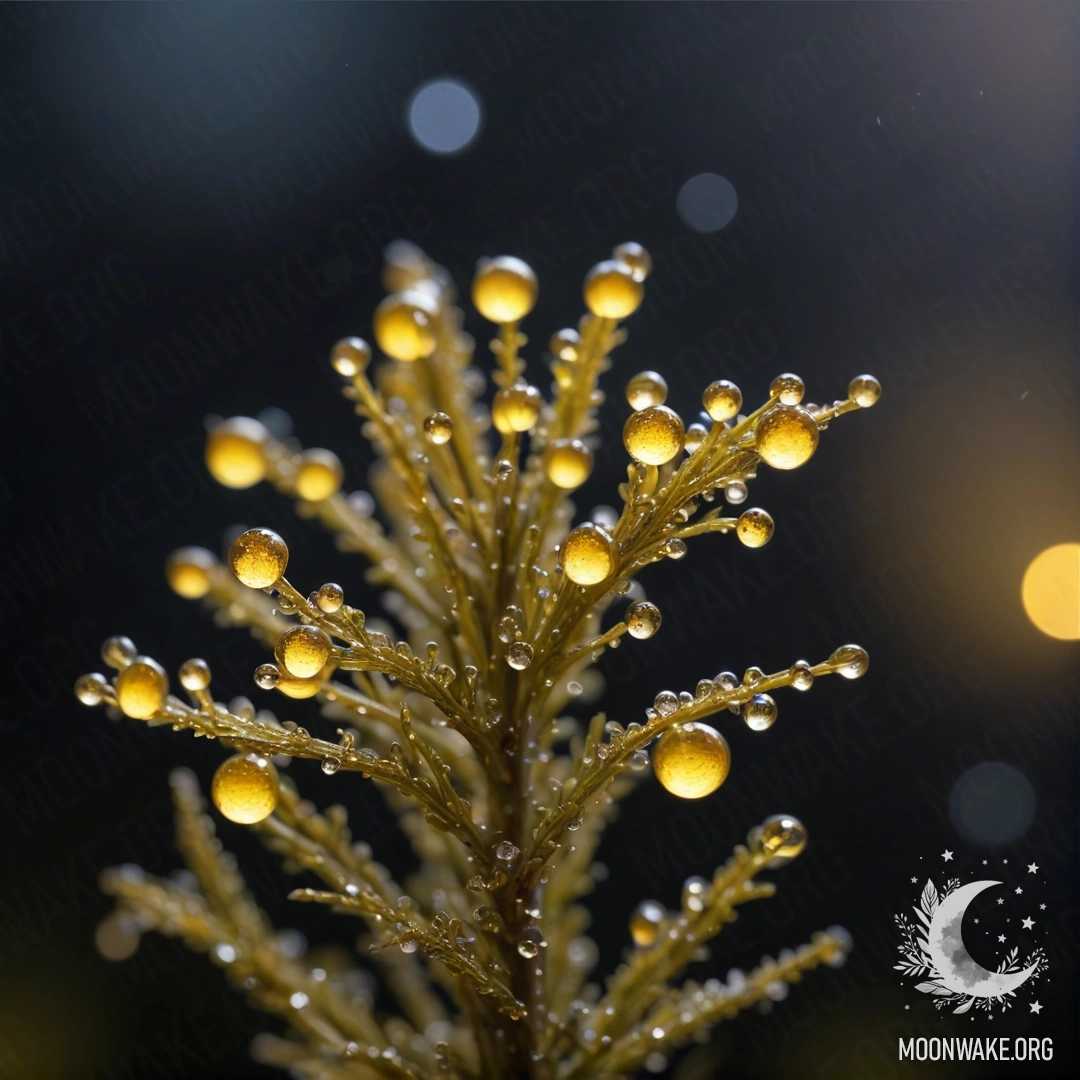 A digital painting of yellow heather adorned with dew drops, sparkling in the night.