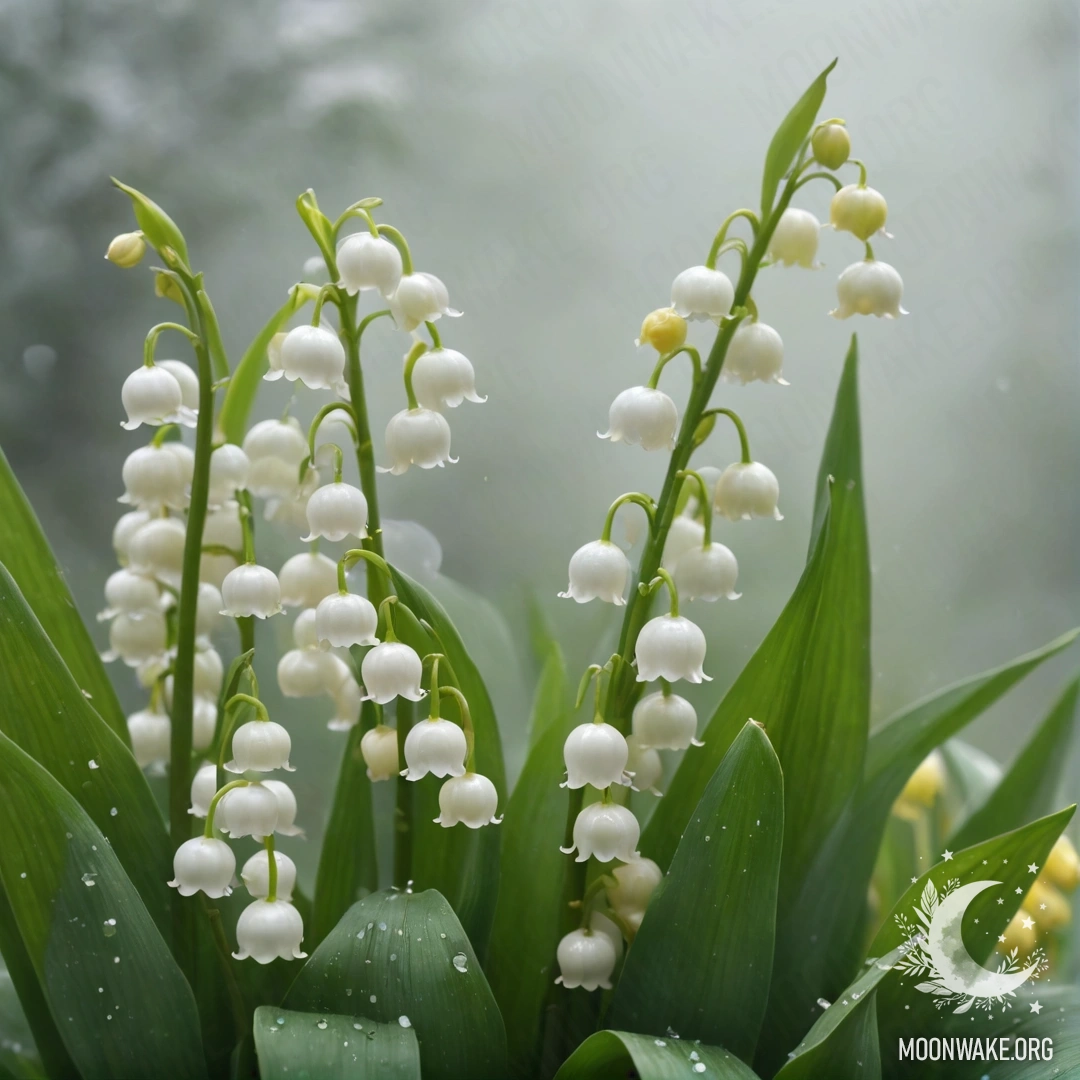 A delicate yellow lily of the valley amidst a soft fog.